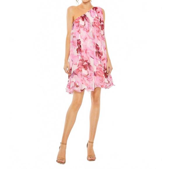NEW MAC DUGGAL women's floral one shoulder mini dress in pink